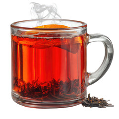 A glass mug filled with steaming, dark reddish-brown tea, with tea leaves and an orange slice visible within