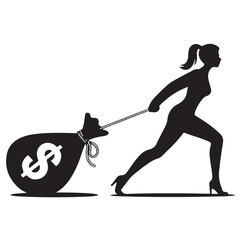 Woman Pulling Money Bag Silhouette Clipart – Black & White Symbol of Financial Effort and Wealth