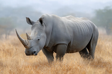 Obraz premium A powerful rhinoceros stands in a field of tall, dry grass. Its impressive horn and thick skin are prominently displayed. A beautiful day, perfect for animal observation.