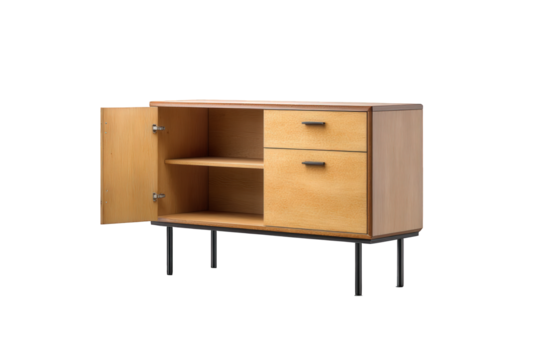 Open wooden cabinet with drawers and shelves isolated on transparent background - Powered by Adobe