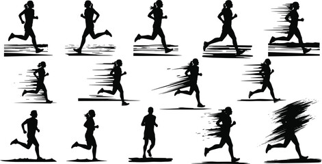 Running motion silhouettes, athlete sprint sequence, speed and movement illustration, sport activity graphic, fitness training concept, dynamic action art, acceleration and energy theme