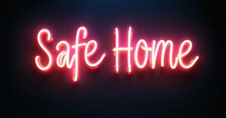 Bright neon sign displays Safe Home. Pink glow contrasts dark background. Simple typography creates welcoming message.