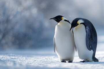 Fototapeta premium Two penguins stand huddled together in a snowy, icy landscape. The penguins show black and white coloration, with a yellow patch by the head, against a blurred background.
