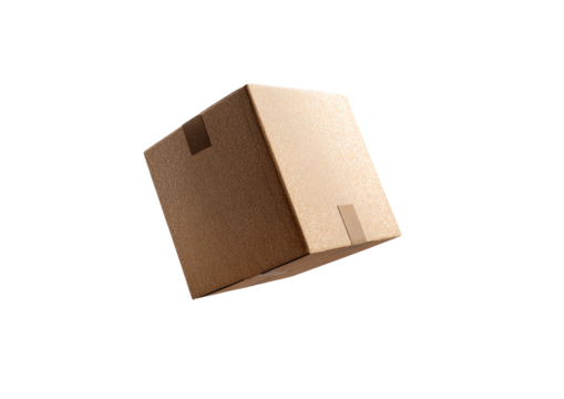 A light beige cardboard box,  square-shaped,  floating.  It has  tapes