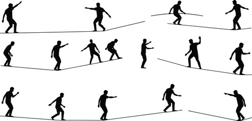 Tightrope walking silhouettes, balance act sequence, circus performance illustration, acrobat movement art, sport activity concept, coordination and skill theme, posture and motion design