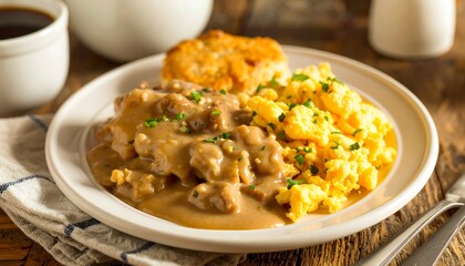 Savory breakfast platter with biscuit, gravy, and eggs