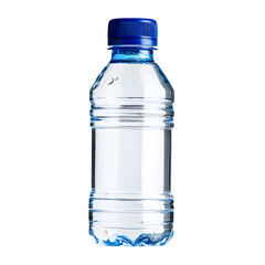Clear plastic bottle filled with refreshing water and blue cap isolated on transparent background