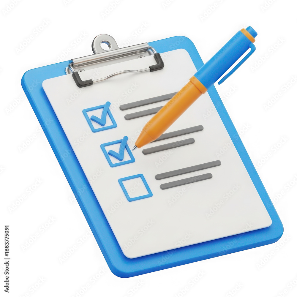 Poster 3d clipboard with checklist and pen isolated on transparent background