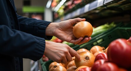 Hand Selecting a Fresh Onion at the Supermarket

