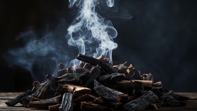 Burning wood with smoke rising from charcoal pieces in a dark, moody atmosphere