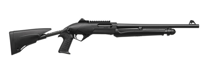 A modern black pump-action shotgun with a tactical look, isolated on a white back