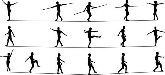 Tightrope walking silhouettes, balance performance illustration, circus act art, acrobat movement graphic, sport activity concept, coordination and skill theme, posture and motion design