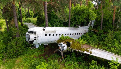 avi&oacute;n abandonado y corro&iacute;do por el paso del tiempo, cubierto de &oacute;xido y con partes de su fuselaje deterioradas. La aeronave est&aacute; medio oculta entre la maleza, rodeada de un denso bosque con &aacute;rboles 