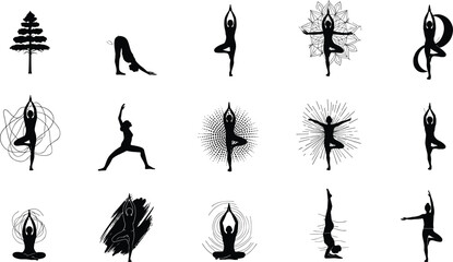 Yoga poses silhouette collection, mindfulness exercise illustration, meditation and stretching art, wellness activity graphic