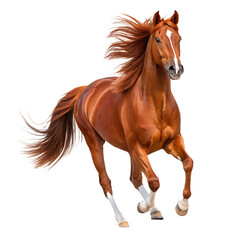 Naklejka premium Majestic chestnut horse galloping with flowing mane and tail captured in dynamic action transparent background