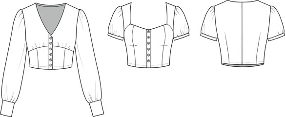 Stylish crop tops cad drawing, front and back view, vector fashion sketch, technical flat template, detailed blouse illustration