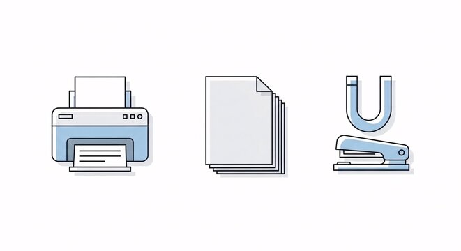 A set of three modern line art icons representing office equipment: a printer, a stack of paper, and a stapler. - Powered by Adobe