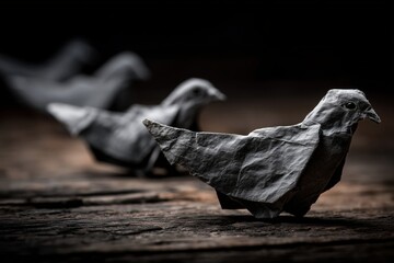 black origami bird figures on wooden background