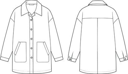 Technical cad drawing of oversized utility jacket, long sleeves, front and back view, fashion vector sketch, flat coat illustration