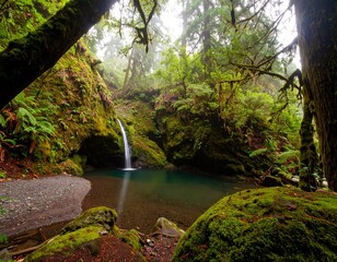 Lush waterfall cascading into a tranquil pool in a mossy forest