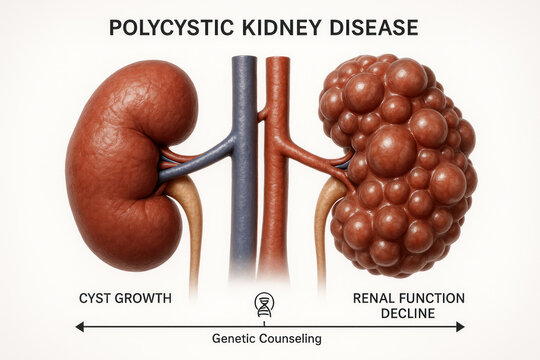 Polycystic Kidney Disease Illustration showing cyst growth and renal function decline. Illustration.