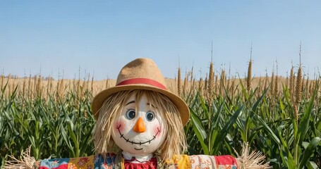 Framing handcrafted straw scarecrow standing in cornfield under blue sky, with patchwork shirt - Powered by Adobe