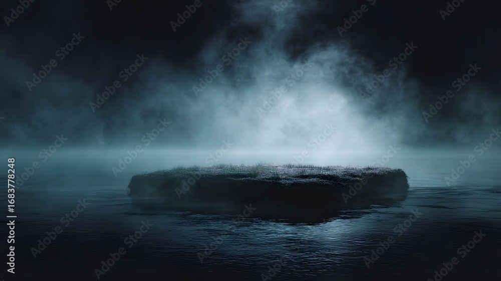 Poster mysterious minimalist island platform emerges from dark ethereal fog and calm water illuminated by s