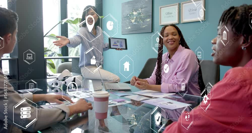 Poster business meeting presenter displaying tablet chart then shaking hand with colleague pausing typing