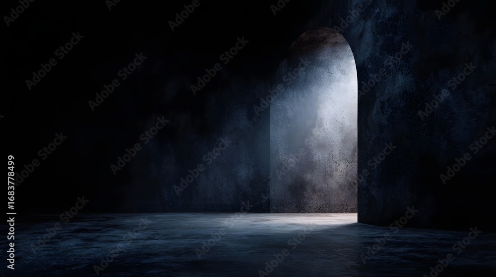 Poster dark textured room features an arched doorway on the right with a bright beam of light illuminating 