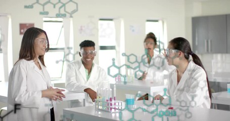 Instructor gesturing to students in chemistry lab as molecular overlays appearing and hands raising - Powered by Adobe
