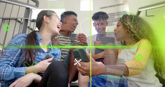 Teens tapping phone and viewing funny post with animated tech overlays highlighting reactions