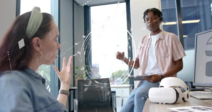 Man making pinching gesture and guiding woman through rotating holographic business charts for demo