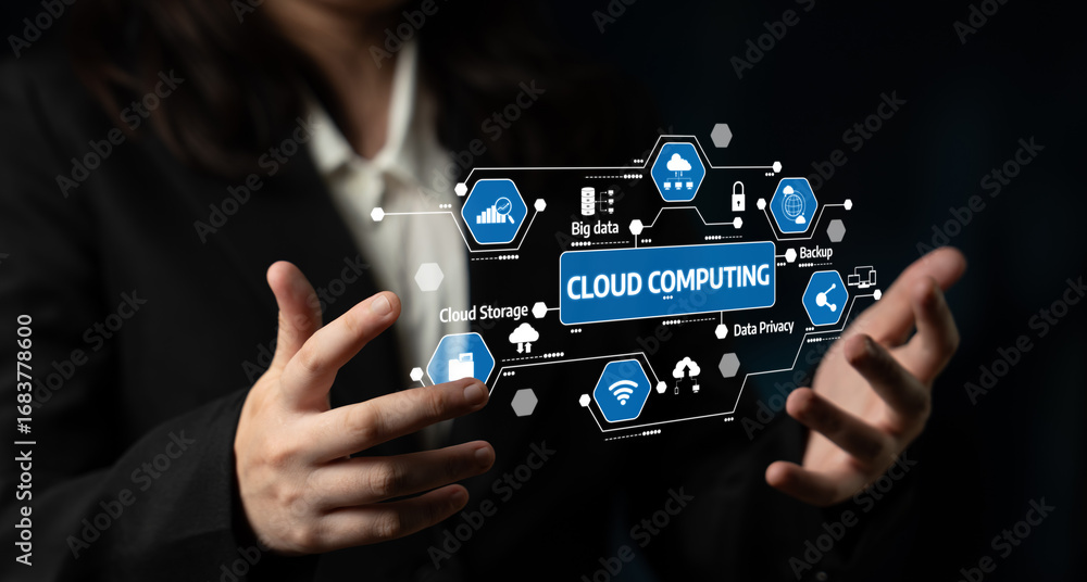 Poster a business professional showcases cloud computing concepts through digital icons, emphasizing data s
