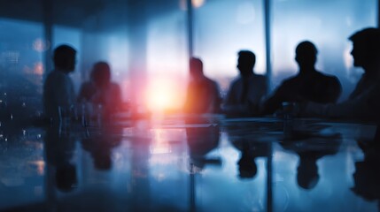 Blurred silhouettes of business professionals collaborate in a modern office meeting room overlooking a vibrant cityscape at dusk illuminated by a
