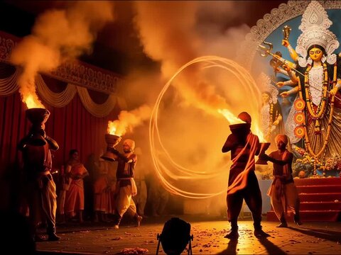 Bengali Traditional Dress Dancing on Dhunuchi during Durga Puja Festival