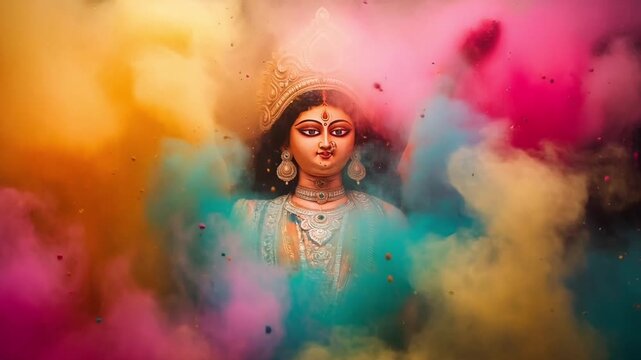 Colorful Celebration Around Maa Durga During Navratri Festival with Vibrant Powder Clouds