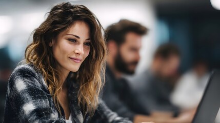 Young professional woman with wavy hair smiling while working on a laptop in a modern collaborative office environment with blurred colleagues