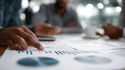 Professionals discuss financial data and charts during a business meeting pointing at key information for strategic planning