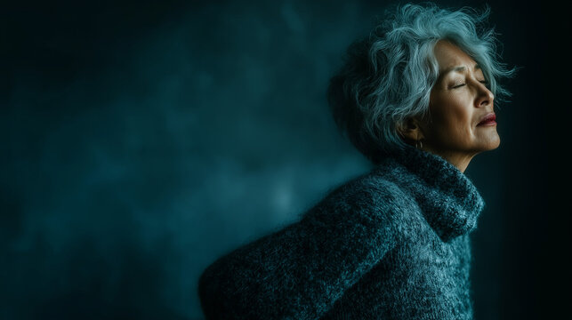 Elegant senior woman with striking silver hair finds inner peace and serenity in quiet reflection. - Powered by Adobe
