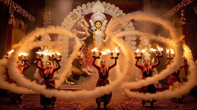 Bengali Traditional Dress Dancing on Dhunuchi during Durga Puja Festival