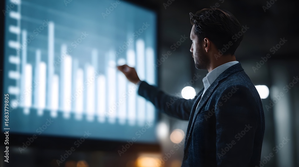 Poster businessman in a suit presenting a digital bar graph on a large screen discussing data analysis and 