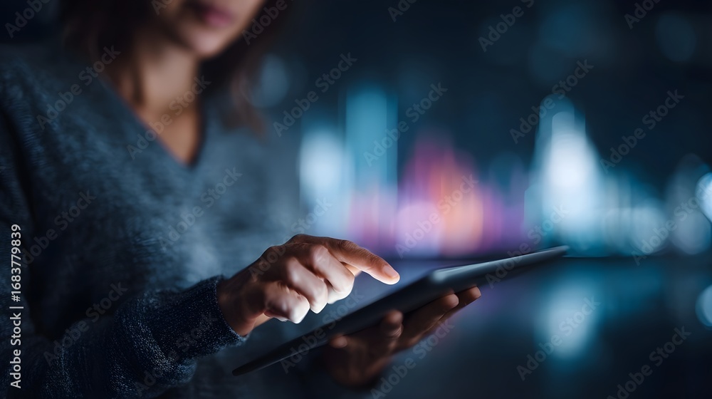 Aufkleber a person s hand interacts with a glowing digital tablet screen displaying data against a backdrop of