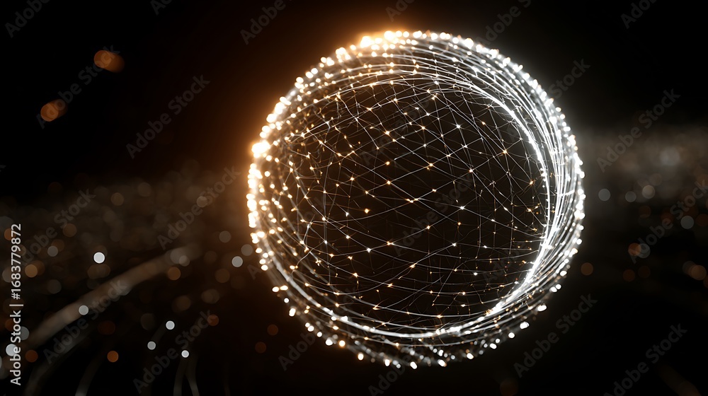 Poster a mesmerizing 3d rendering of a luminous sphere enveloped in a complex network