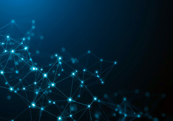 Abstract futuristic technology background featuring a glowing digital network of interconnected nodes and lines on a dark blue backdrop