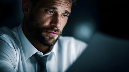 A focused businessman diligently works on documents late at night illuminated by the soft glow of a screen in a dark office environment