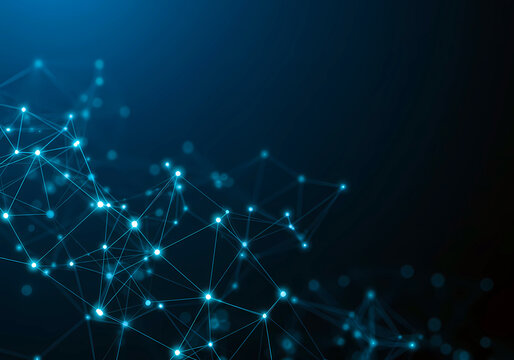 Abstract futuristic technology background featuring a glowing digital network of interconnected nodes and lines on a dark blue backdrop