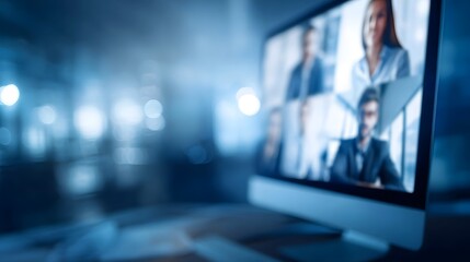 A virtual business meeting displayed on a computer screen highlighting remote communication and technological connection in a modern office