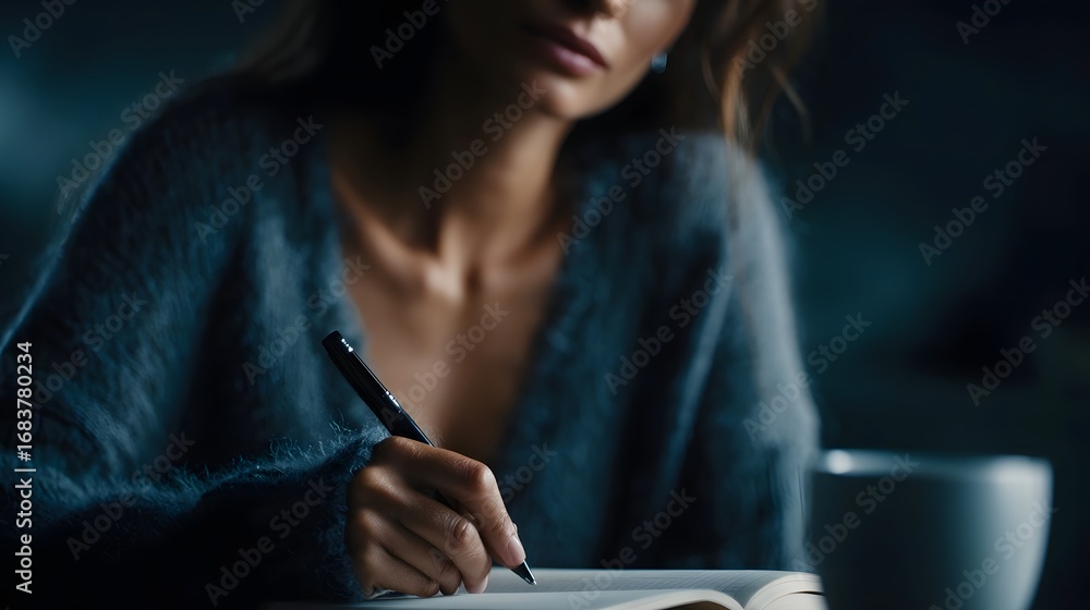 Poster focused person writing notes in a notebook with a pen engaged in thoughtful planning or creative jou