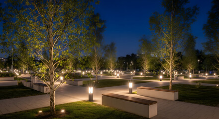 Obraz premium Serene City Park at Night with Illuminated Trees and Benches