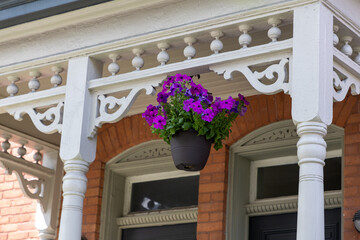 Front porch with blooming summer flowers in a pot